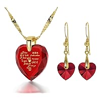 Romantic Heart Jewelry Set for Women I Love You Necklace in 12 Languages Pure Gold Inscribed on Heart-Shaped Pendant Cubic Zirconia Valentine's Day Gift Gemstone, 18