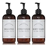 Amber Refillable Shampoo and Conditioner Bottles - Body Wash, Shampoo and Conditioner Dispenser - PET Plastic Shampoo Bottles Refillable with Pump - Waterproof Labels - 16 oz, 3 Pack (Black Plastic)