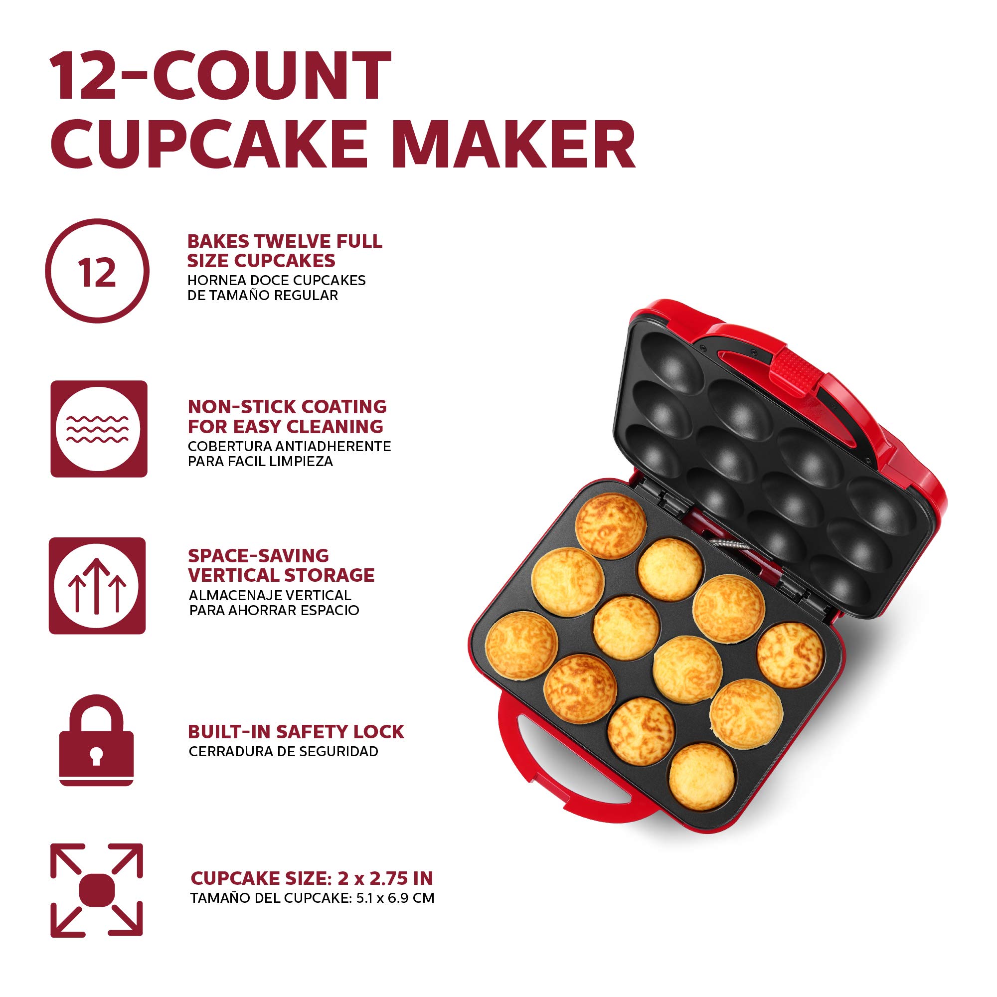 Holstein Housewares Cupcake Maker, Non-Stick Coating, Red - Makes 12 Full Size Cupcakes, Muffins, Cinnamon Buns, and much more for Birthdays, Holidays, Bake Sales or Special Occasions