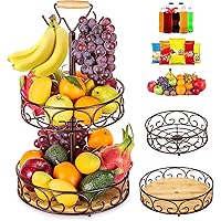 ETECHMART Fruit Basket, Vegetables Countertop Bowl Storage With Banana Hanger, Detachable Bread, Snacks Baskets Holder Large Capacity Fruit Tray (Bamboo&Iron - 2 Tier Brown)