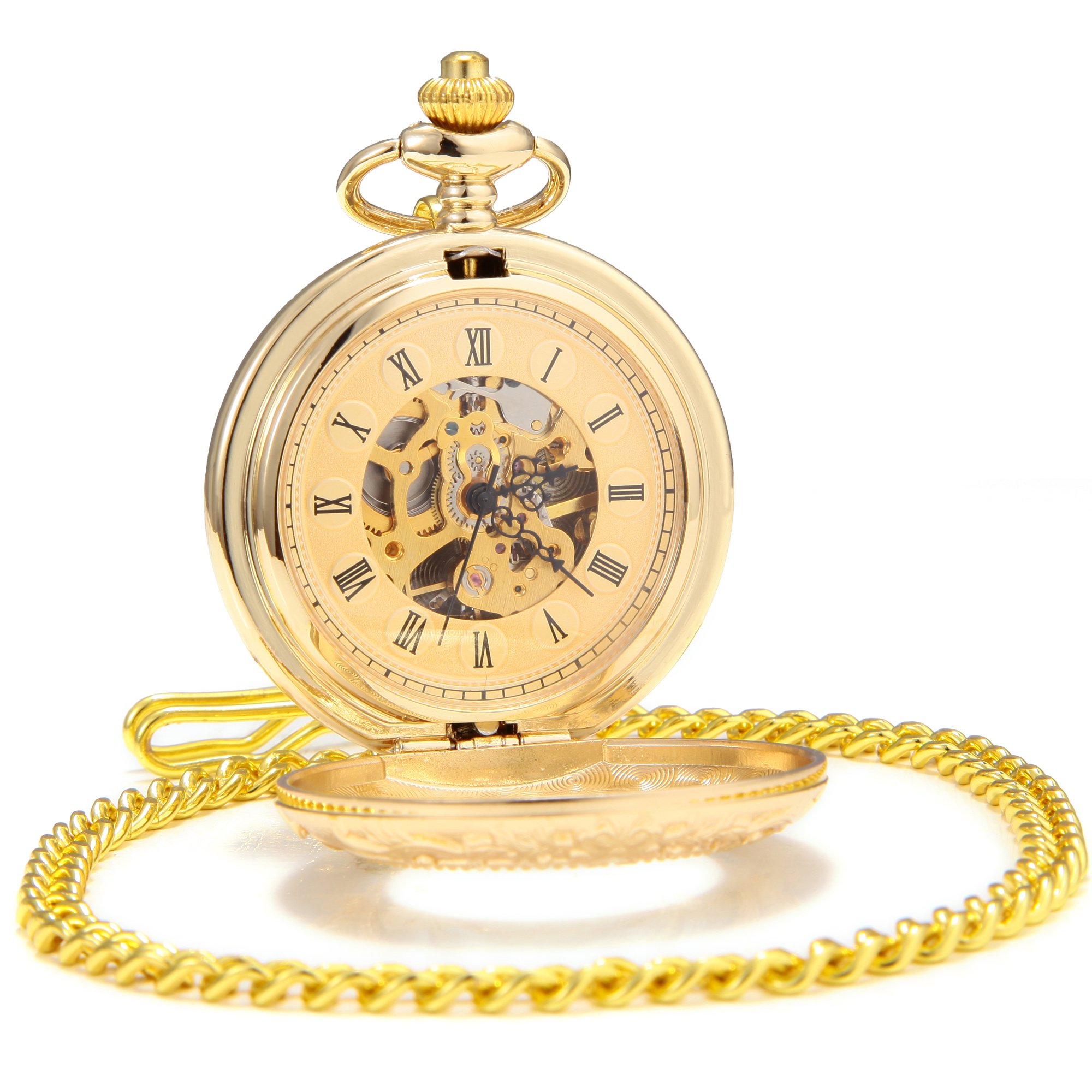SEWOR Business Double Open Skeleton Pocket Watch with Chain, Mechanical Hand Wind Movement Full Hunter