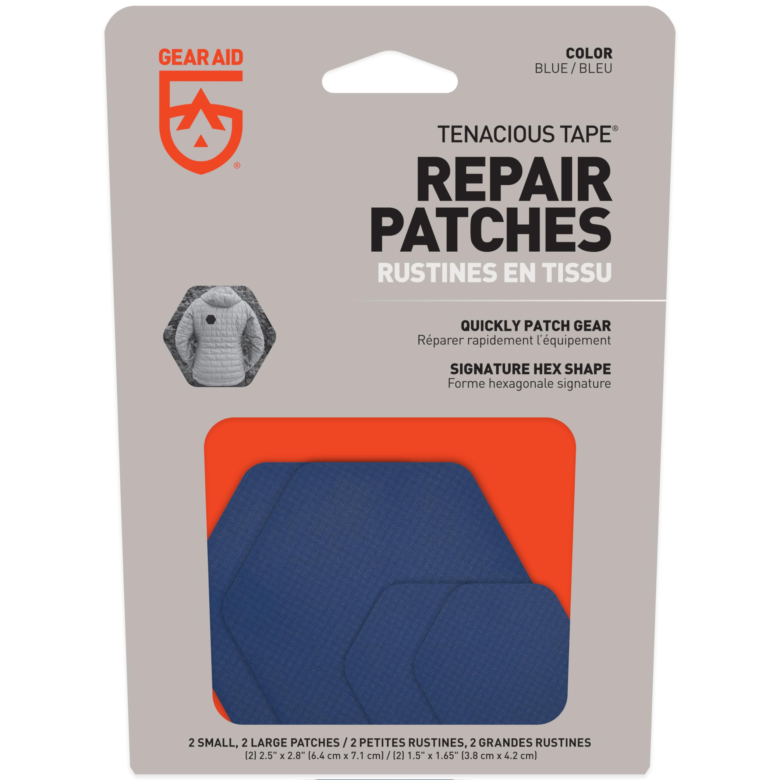 GEAR AID Tenacious Tape Hex 2.5” and 1.5” Shapes, Micro-Ripstop Outdoor Fabric Repair Patches, Peel-and-Stick to Fix Holes and Burns in Down Jackets, Rain Gear, Tents, Tarps and More, Blue, 4 Patches