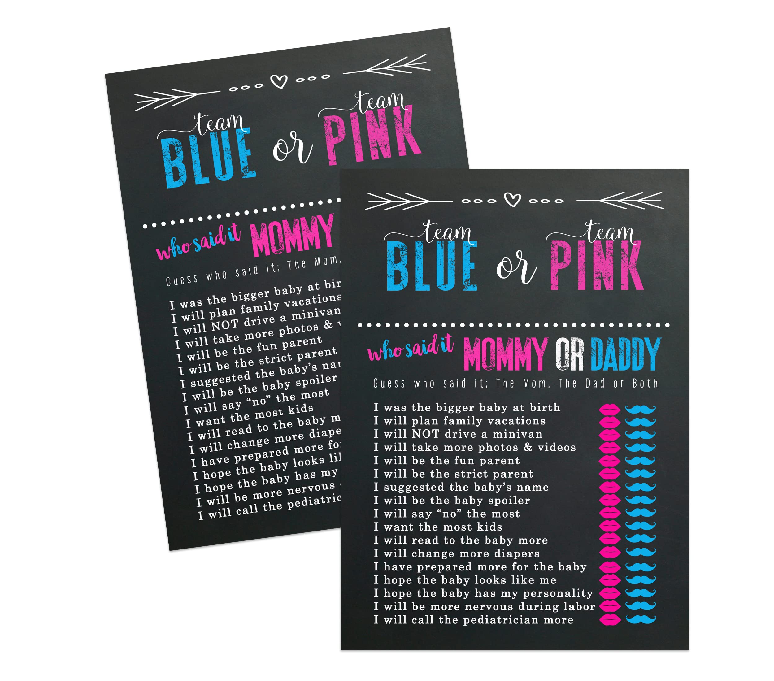 Paper Clever Party Gender Reveal Mommy or Daddy Game (25 Pack) Fun Baby Shower Activity Cards Neutral Guests Guess Who - Pink and Blue Boy or Girl