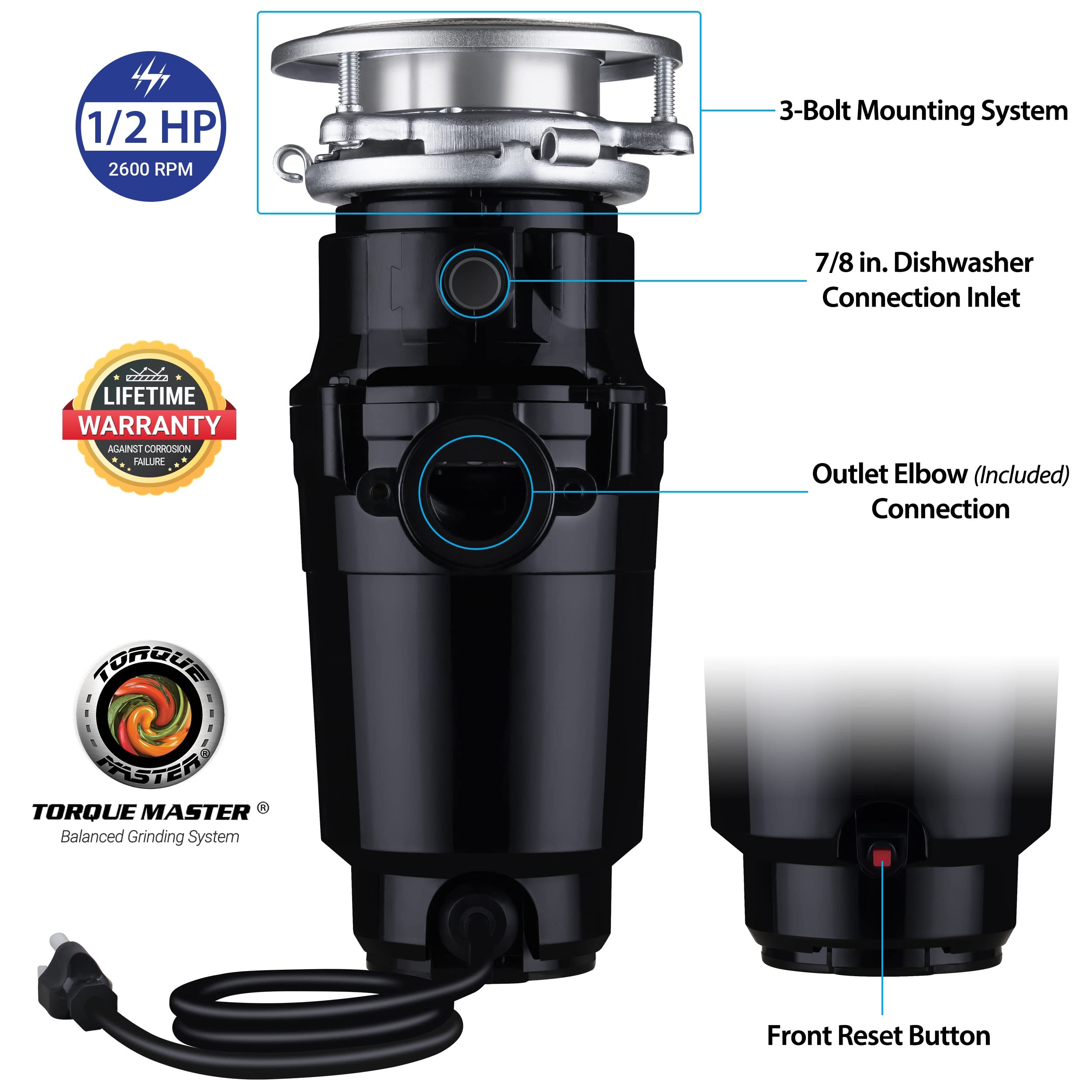 Waste Maid 10-US-WM-058-3B Garbage Disposal Anti-Jam Stainless Steel Food Waste Grinding System, 1/2 HP Economy, Black