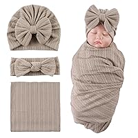 OMUKY Newborn Receiving Blanket with Matching Bow Headband and Beanie Set Baby Boy Girls Nursery Swaddle Wrap(Coffee)