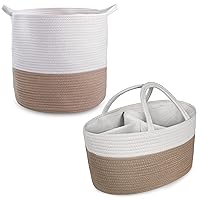 Natemia Large Rope Storage Basket and Cotton Rope Diaper Caddy - Nursery Bin and Toy Organizer Laundry Basket, Basket for Towels, Pillows and Blankets, Perfect Baby Registry Gift - Beige