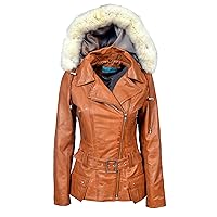 Ladies HOODED Fashion Napa Leather Jacket TAN Biker Style 100% REAL LEATHER COAT 2812