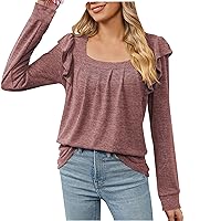 Women Long Sleeve Round Neck Tshirt Pleated Front Loose Fitted Blouse Tops Dressy Casual Tunic Shirts Fall Sweatshirt