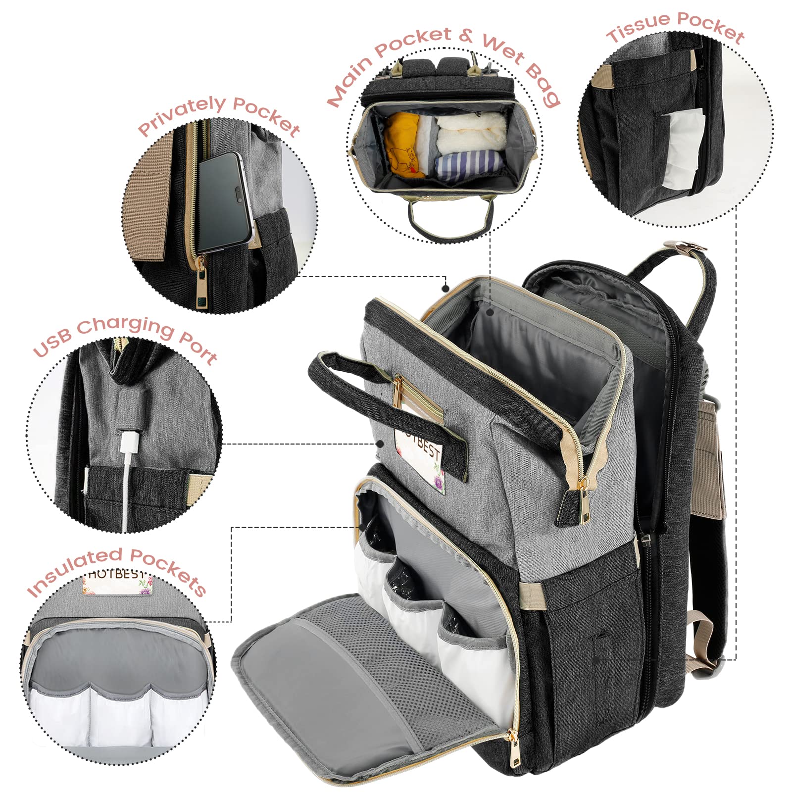 HOTBEST Diaper Bag Backpack, Baby Diaper Bags, Multifunction Waterproof Travel Essentials Baby Bag with USB port, Nappy Changing Bags with Changing Pad,Unisex and Stylish(Black Gray)