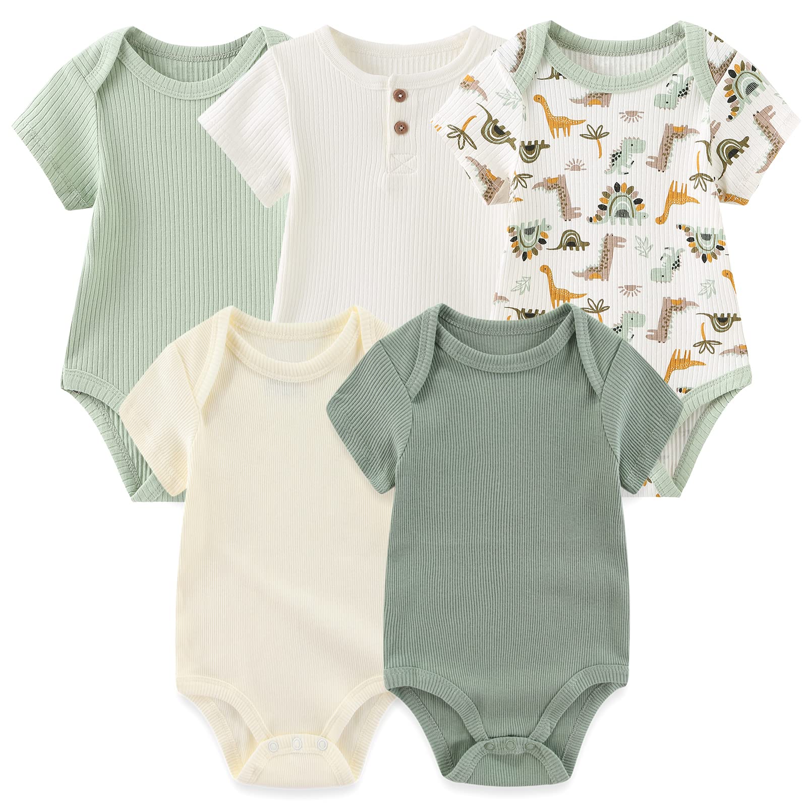 MAMIMAKA Newborn Baby Short Sleeve Bodysuit Cotton One-Piece Baby Clothes 5-Pack, 0-12 Months