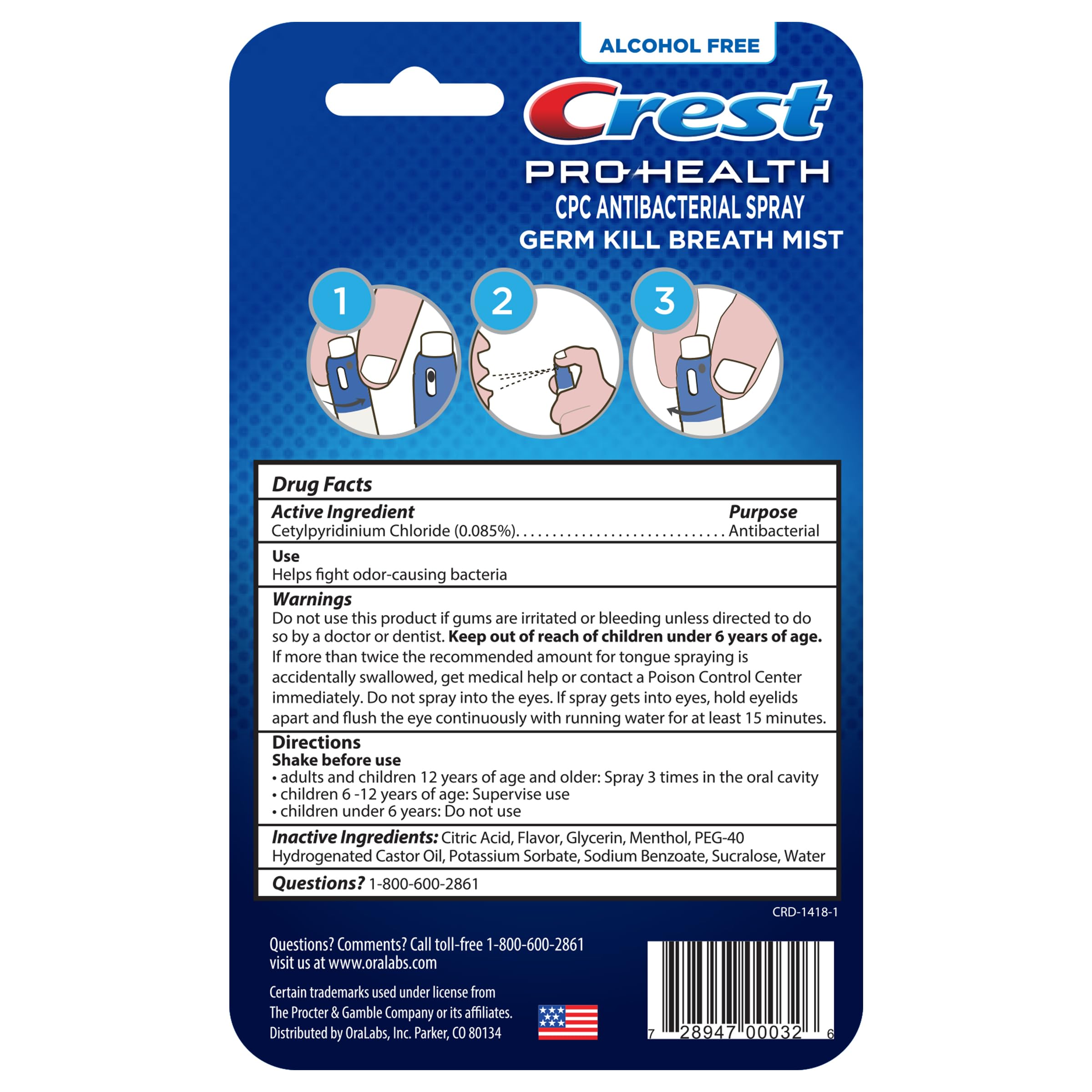 Crest Pro-Health | Portable Alcohol-Free CPC Mist with Clean Mint Flavor | Fights Odor-Causing Germs for Instant Fresh Breath - 1 Count (0.44oz) Breath Spray