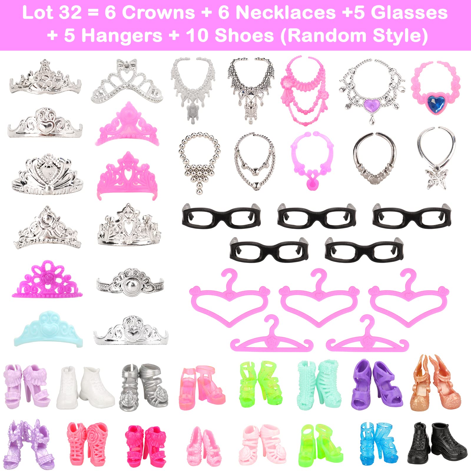 BARWA 42 pcs Doll Clothes and Accessories 10 pcs Party Dresses 32 pcs Shoes, Crown, Necklace Accessories for 11.5 inch Doll