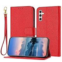 XYX Wallet Case for Samsung Galaxy S23 FE 5G, Lychee Pattern Leather Flip Protective Cover with Card Slots Wrist Strap Shockproof Phone Case, Red