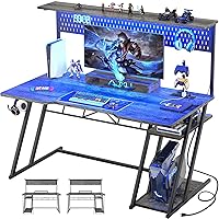 55'' Gaming Desk with Hutch and LED Lights, Gaming Computer Desk with Storage Shelves & Z-Shaped Legs, Reversible PC Gaming Desk with Pegboard, Ergonomic Desk for Bedroom, Grey Oak