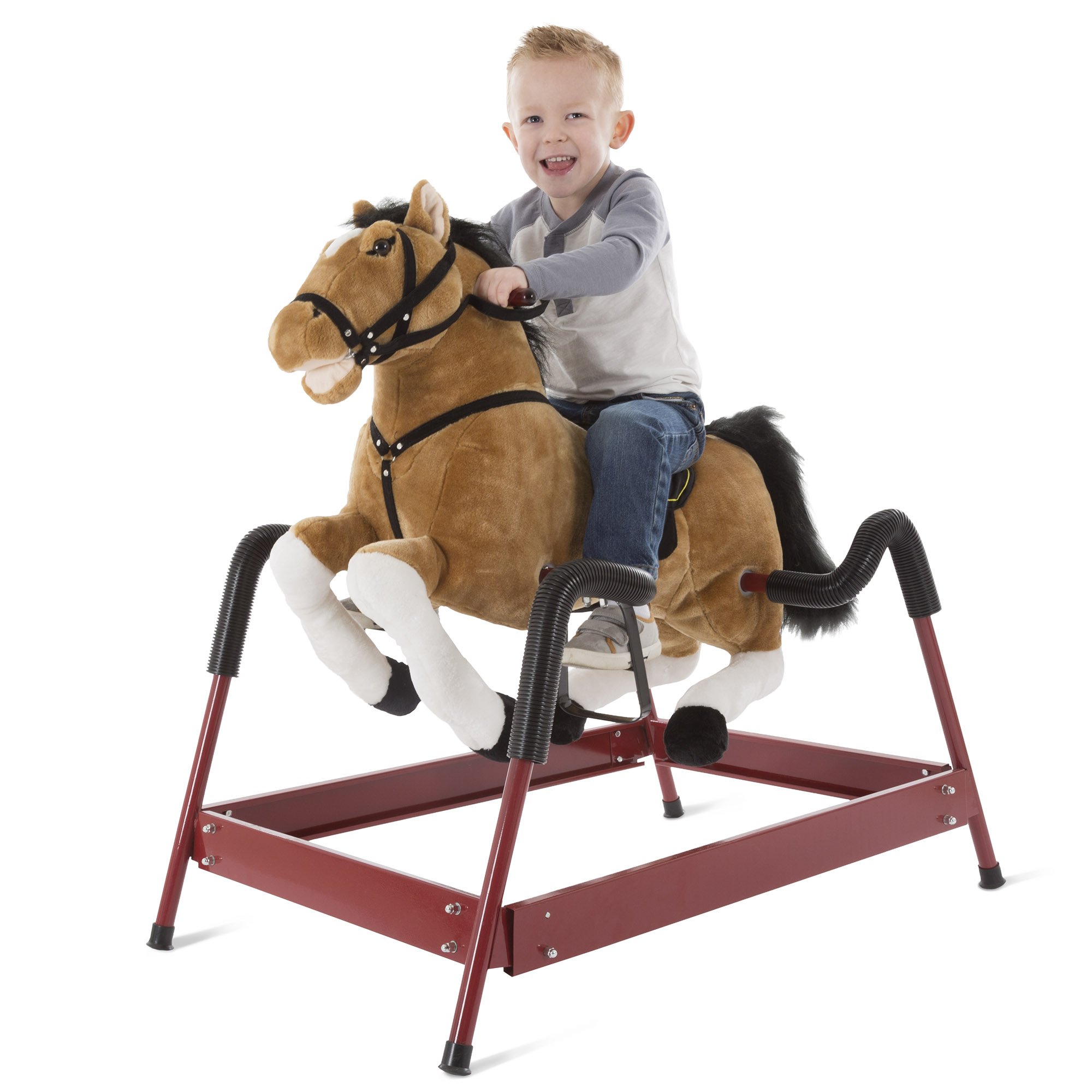 Spring Rocking Horse Plush Ride on Toy with Adjustable Foot Stirrups and Sounds for Toddlers to 5 Years Old by Happy Trails - Brown