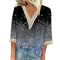 Womens T Shirt Graphic Summer Vintage Oversize 3/4 Sleeve Shirts Lace V Neck Dressy Tops Trendy Floral Blouses