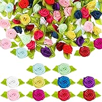 Mini Ribbon Roses for Crafts, BENBO 200Pcs Tiny Artificial Fabric Flowers with Leaves Small Rosettes Applique DIY Flower Satin Ribbon Roses for Sewing Bows Wedding Festival Decor, 10 Colors