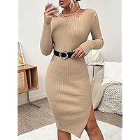 TLULY Sweater Dress for Women Lettuce Trim Split Hem Sweater Dress Without Belt Sweater Dress for Women (Color : Apricot, Size : Small)