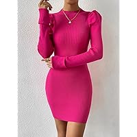 TLULY Sweater Dress for Women Puff Sleeve Sweater Dress Without Belt Sweater Dress for Women (Color : Hot Pink, Size : Small)