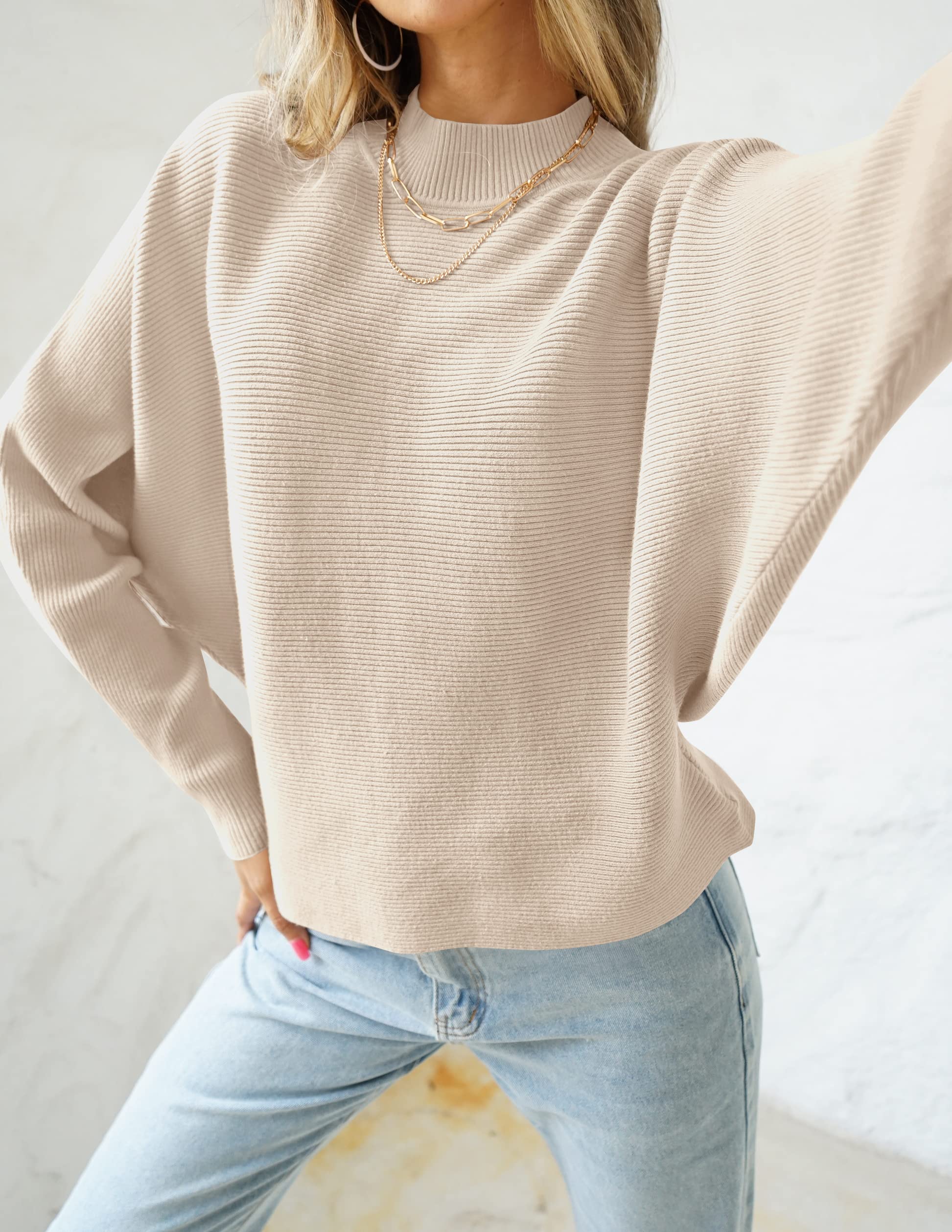 ZESICA Women's 2023 Fall Turtleneck Batwing Long Sleeve Ribbed Knit Casual Soft Pullover Sweater Jumper Top