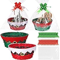 Sliner 24 Set Christmas Baskets for Gifts Empty Bulk Include 24 Woven Bamboo Baskets 24 Clear Gift Bags 24 Red and Green Pull Bows for Christmas Holiday Bread Food Storage Party Gift