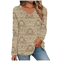 Thermal Shirts for Women,Tops for Women Long Sleeve V Neck Retro Printed Loose Fit Tunic T Shirts 2024 Summer Fashion Cute Tee Blouse Flannel Shirts for Women