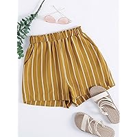 Women's Shorts Paperbag Waist Striped Shorts Shorts for Women (Color : Mustard Yellow, Size : Large)