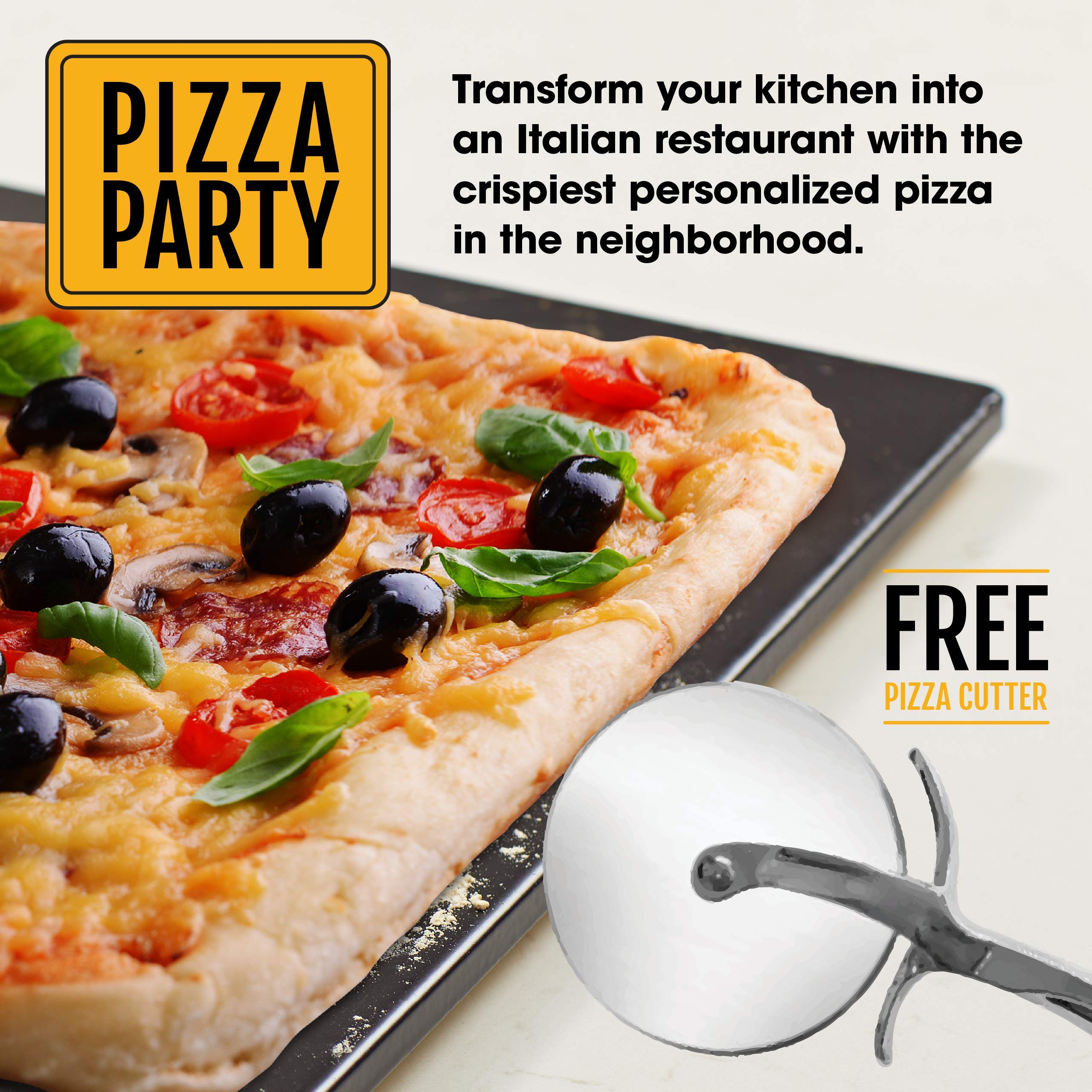 Heritage Square Pizza Stone - Pizza & Bread Baking Stones For Gas Grill, Oven Baking - Black Ceramic Pan, Stainless, No-Smoke - Wheel Pizza Cutter - Housewarming Gifts