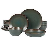 Oprah's Favorite Things - Palermo Sun Double Bowl Stoneware Reactive Glaze Plates and Bowls Dinnerware Set - Agave Blue, Service for Four (16pcs)