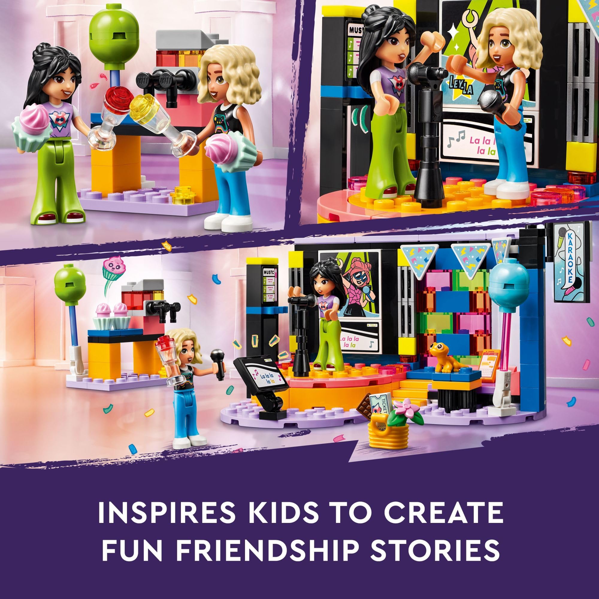LEGO Friends Karaoke Music Party Set, Pretend Play Toy for Kids, Girls and Boys Ages 6 Years and Up Who Love Singing, Includes Mini-Doll Characters Liann and Nova and a Gecko Figure, 42610