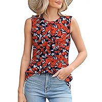 Micoson Women's Tank Tops Round Neck Pleated Sleeveless Shirts Summer Loose Fit Casual Top Business Blouses