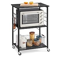 VASAGLE Kitchen Shelf on Wheels, Serving Cart with 3 Shelves, Kitchen Cart, Microwave Shelf, for Mini Oven, Toaster, with 6 Hooks, Ebonized Oak Finish UKKS060B42, 15.7 x 23.6 x 35 Inches