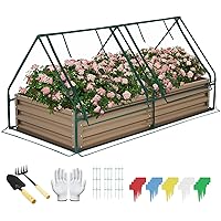 8x4x1FT Metal Raised Garden Bed with Greenhouse 2 Large Zipper Windows Dual Use,Galvanized Steel Raised Garden Bed for Gardening Vegetables Fruit ,20pcs T-Types Tags & 1 Pair of Gloves,Brown
