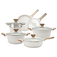 Country Kitchen Nonstick Induction Cookware Sets - 11 Piece Cast Aluminum Pots and Pans with BAKELITE Handles and Glass Lids -Cream