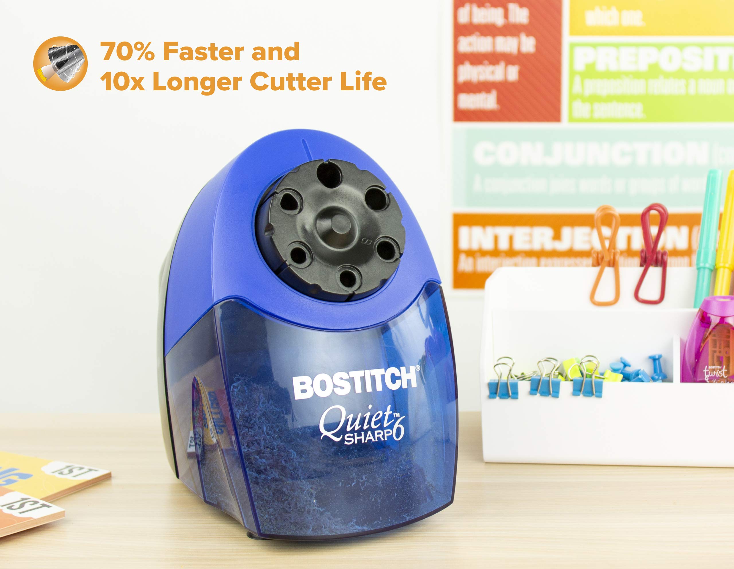 Bostitch Office QuietSharp 6 Electric Pencil Sharpener, Heavy Duty Classroom Sharpener, Size Selector with 6 Different Sizes, Perfect for Classroom and Homeschool Use, Blue