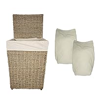 100% Natural Rectangular Seagrass Laundry Hamper with 2 100% Cotton Laundry Bags, Foldable with 4 legs made from bamboo and 2 handles, made in Vietnam, 12 x 16 x 24 Inches