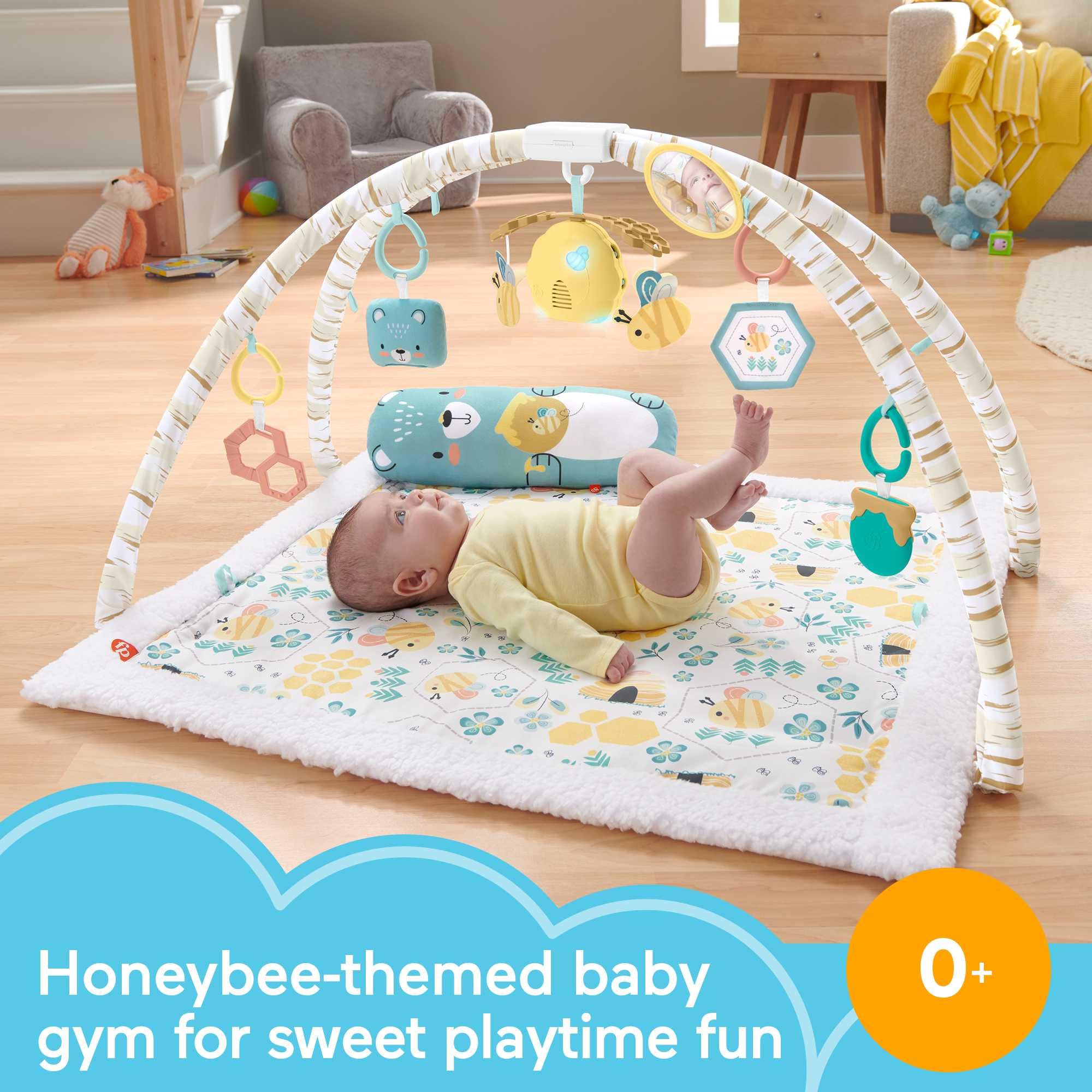 Fisher-Price Baby Playmat Honey Bee Music & Lights Activity Gym with Tummy Time Wedge and 6 Sensory Toys For Newborns