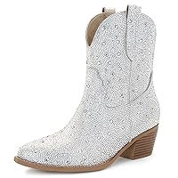 Women's Rhinestone Cowboy Boots Pointed Almond Toe Block Heel Sparkly Cowgirl Boots