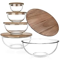 Glass Mixing Bowls - Nesting Bowls - Cute Collapsible Glass Bowls With Acacia Lids Food Storage - 5 Stackable Microwave Safe Glass Containers - Salad Mixing Bowls - Baking Bowls For Kitchen