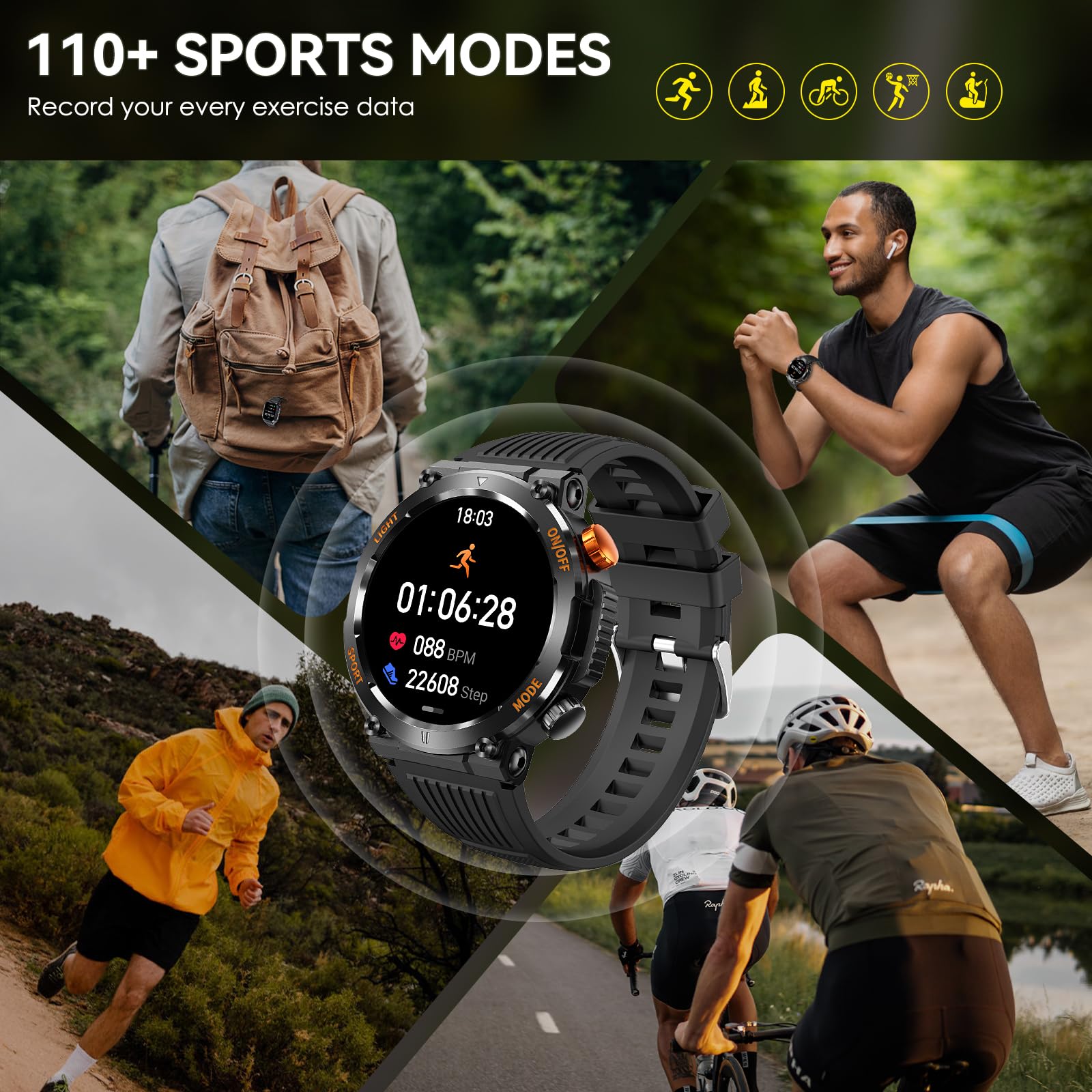 Bassizo Military Smart Watch for Men with LED Flashlight Rugged Outdoor Tactical Smartwatch with Compass (Answer/Dial Calls) Fitness Tracker Watch with Heart Rate Sleep Monitor for iOS Android Phone