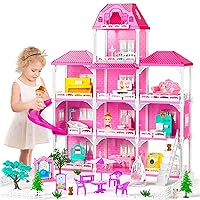 TEMI Dreamhouse Doll House for 3 4 5 6 7 8 Year Old Girls Toy - 4-Story 10 Rooms Dollhouse 7-8 with 2 Toy Figures, Furniture and Accessories, Pretend Play House for Kid Ages 3+