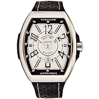 Vanguard Racing Mens Stainless Steel Automatic Watch - Tonneau White Face with Luminous Hands, Date and Sapphire Crystal - Black Leather/Rubber Strap Swiss Made Watch V 45 SC Racing WHT
