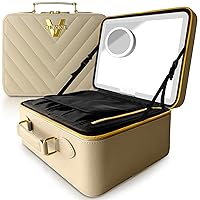 Upscale PU Leather Makeup Bag with Light Up Mirror, 3 Brightness Settings, Adjustable Dividers - Replace Your Bulky Vanity While On the Go - Chic Travel Makeup Case Box - Makeup Organizer Bag