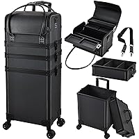 Costravio Rolling Makeup Case 5 IN 1 Cosmetology Case on Wheels Makeup Organizer Travel Case with Shoulder Strap for Makeup Artists Nail Tech School Salon Barber Makeup Trolley Cart Black Leather