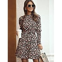 Fall Dresses for Women 2023 Allover Floral Print Belted -line Dress Dresses for Women (Color : Multicolor, Size : Medium)