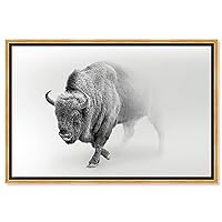 Country Farmhouse Canvas Print Painting Animal Wall Art 'Black and White Bull Bison ' Gold Framed Canvas Rustic Home Décor 30x20 in Gray, Black by Oliver Gal