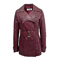 DR201 Women's Leather Buttoned Coat With Belt Smart Style Burgundy