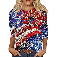 4Th of July Shirts for Women American Flag Patriotic T-Shirts Independence Day 3/4 Sleeve Crewneck Tops