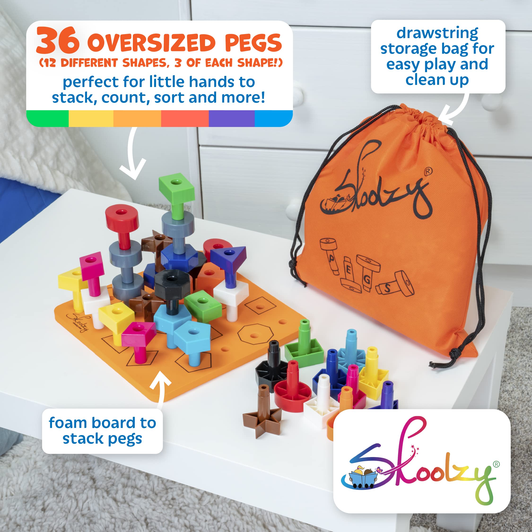 Skoolzy Stacking Toddler Peg Board 38 Piece Set - Sorting & Stacking Games Color Matching & Shape Recognition Toy for Toddlers & Preschoolers, Age 3+ Includes Pegs Foam Board Storage Bag and eBook