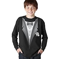 Kids Tuxedo Tee with White Flower Long Sleeve Youth T-Shirt - Black